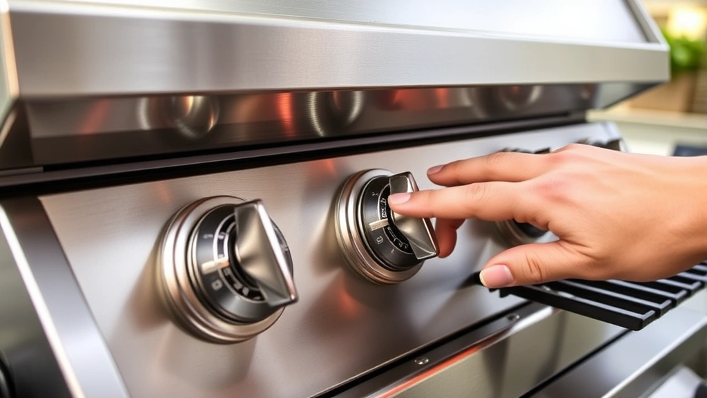 Close-up of professional-grade burner controls on premium gas grill with griddle, showing independent temperature knobs and integrated thermometer, hands adjusting settings, stainless steel construction detail