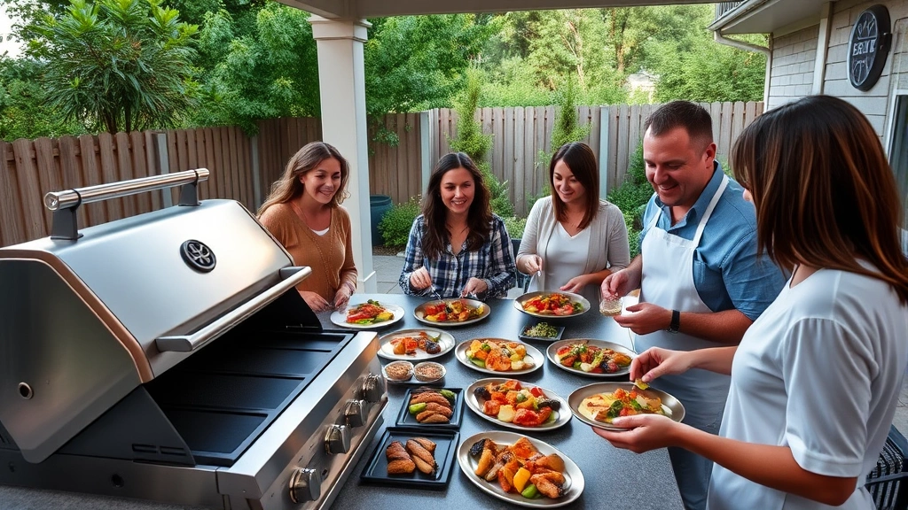Family gathered around outdoor patio with modern gas grill with griddle in use, chef plating finished dishes, colorful grilled vegetables and proteins visible, natural evening lighting, sustainable backyard entertaining scene