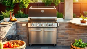 Professional stainless steel gas grill with integrated side burner in modern outdoor kitchen setting, late afternoon sunlight, prepared ingredients and fresh vegetables nearby, sustainable outdoor entertaining space