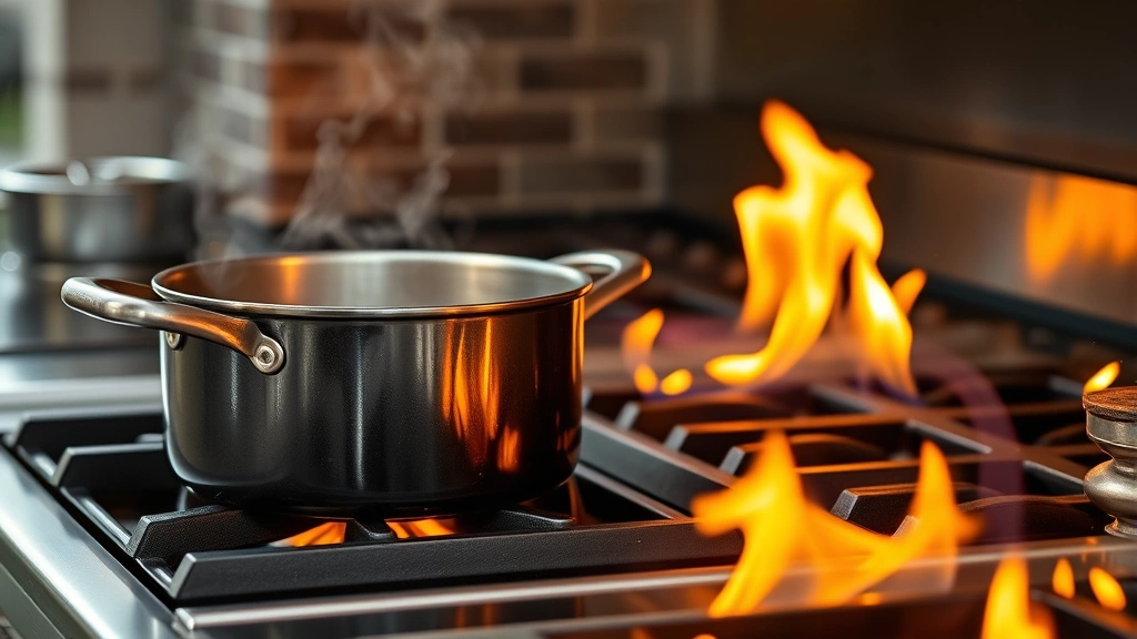 Close-up of active side burner with pot simmering sauce, flames visible, professional cooking environment, showing heat distribution and practical functionality in outdoor kitchen