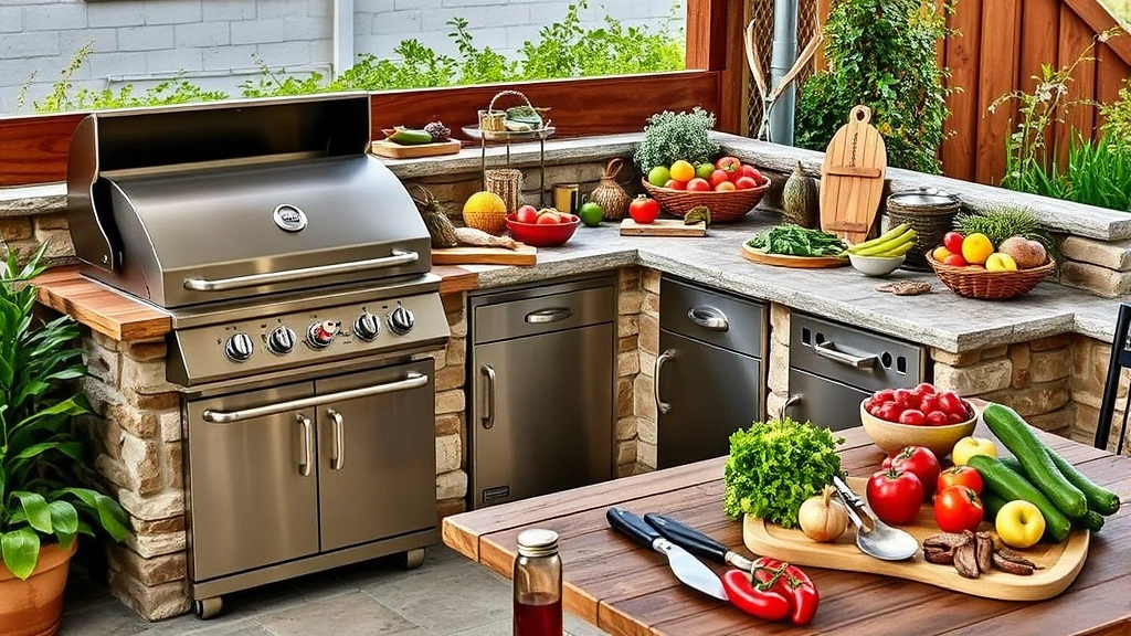 Complete outdoor kitchen setup with gas grill, side burner station, fresh seasonal produce, herbs, and cooking utensils arranged sustainably, entertaining space with eco-conscious design elements
