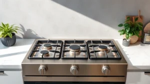Stainless steel gas hob cover on modern kitchen stovetop with plants nearby, natural lighting, clean minimal aesthetic, showing durability and polish