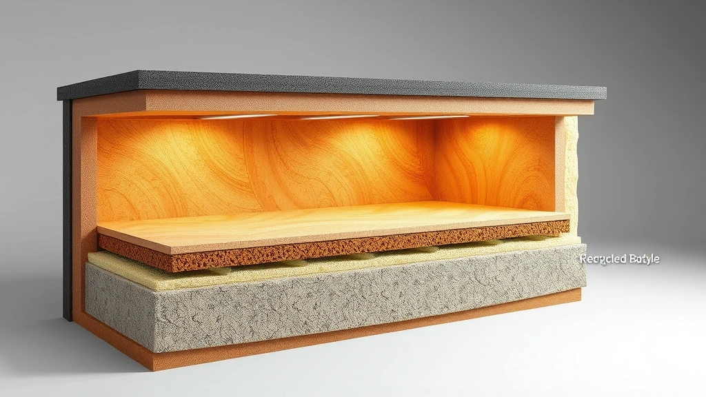 Cross-section view of insulated hob cover material layers showing thermal protection, recycled materials visible, scientific educational visualization style