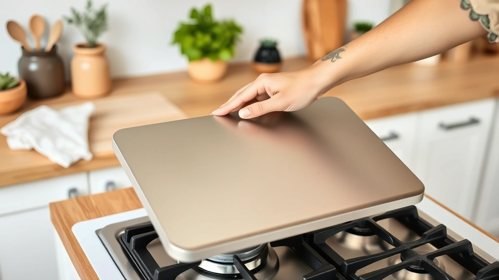 Hand carefully placing eco-friendly aluminum hob cover on gas cooktop, sustainable kitchen setup with wooden countertops and natural elements
