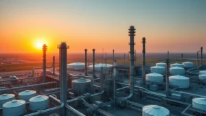 Aerial view of modern oil refinery with multiple processing towers and storage tanks at sunset, industrial complex with environmental controls, no visible text or signage, photorealistic industrial landscape