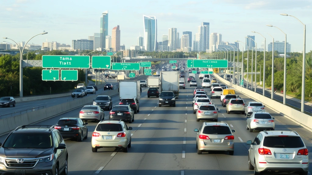 Highway traffic in Tampa metropolitan area during peak hours, diverse vehicles traveling, city skyline visible, morning or evening light, bustling urban transportation scene, no visible license plates or identifying text