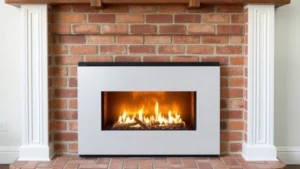Modern gas fireplace insert installed in existing brick fireplace, glowing flames visible, warm amber lighting, minimalist contemporary interior design, no text or labels visible