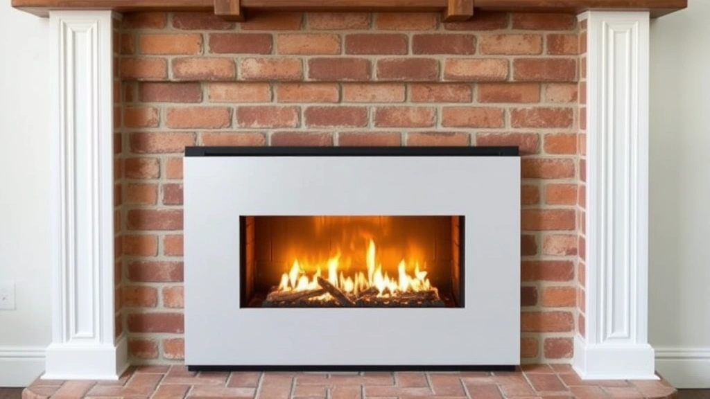 Modern gas fireplace insert installed in existing brick fireplace, glowing flames visible, warm amber lighting, minimalist contemporary interior design, no text or labels visible