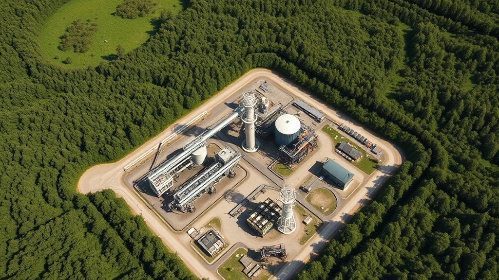 Aerial view of natural gas extraction facility surrounded by green landscape and trees, industrial equipment, environmental impact visualization, photorealistic daylight