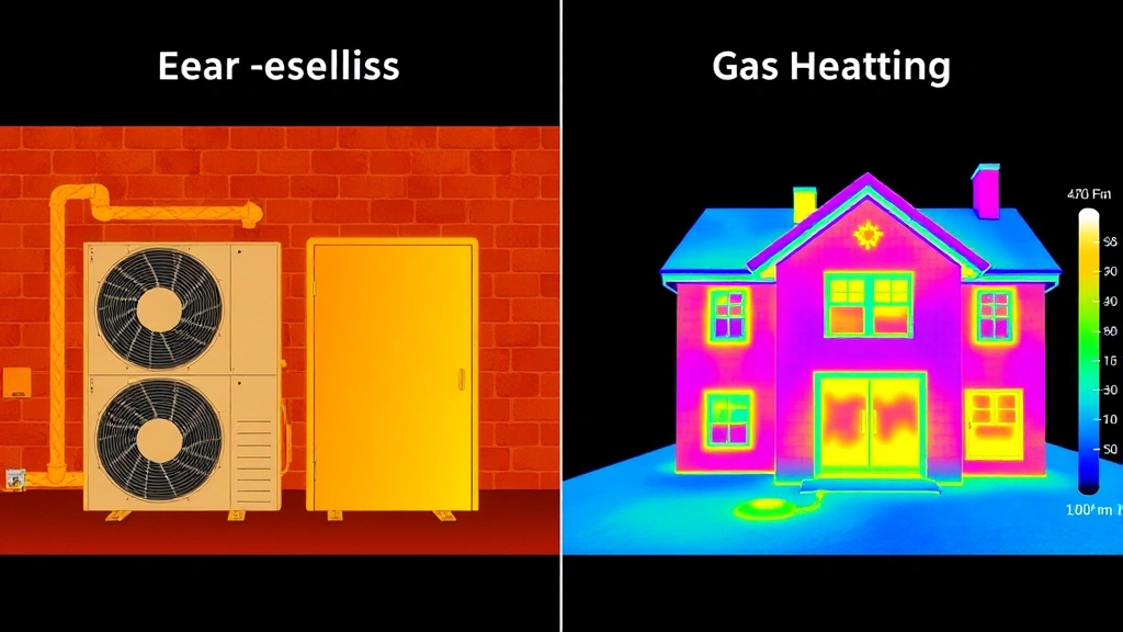 Split-screen comparison showing energy-efficient heat pump system on left versus gas heating on right, thermal imaging visualization, no text labels, clean technical aesthetic