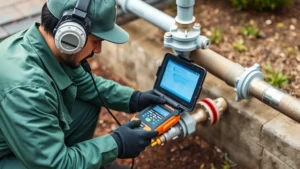 Professional technician using ultrasonic leak detection equipment on residential gas line piping, modern diagnostic tools in green uniform, outdoor installation setting with soil and grass visible