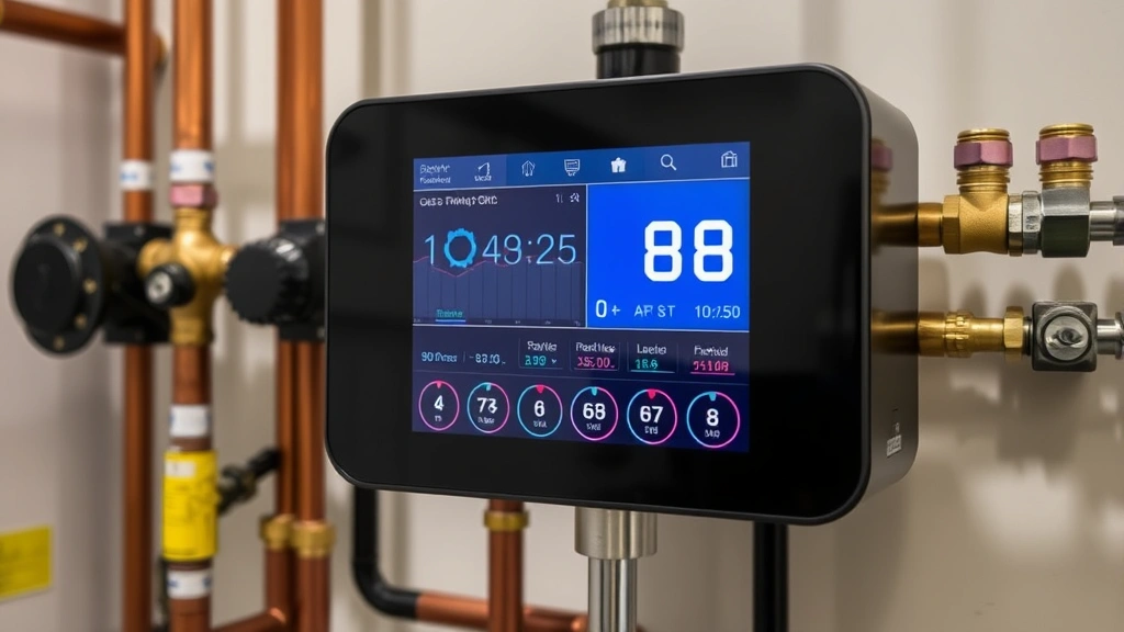 Modern smart gas monitoring system display screen showing real-time consumption data, digital dashboard interface, clean utility room environment with exposed gas pipes and copper fittings