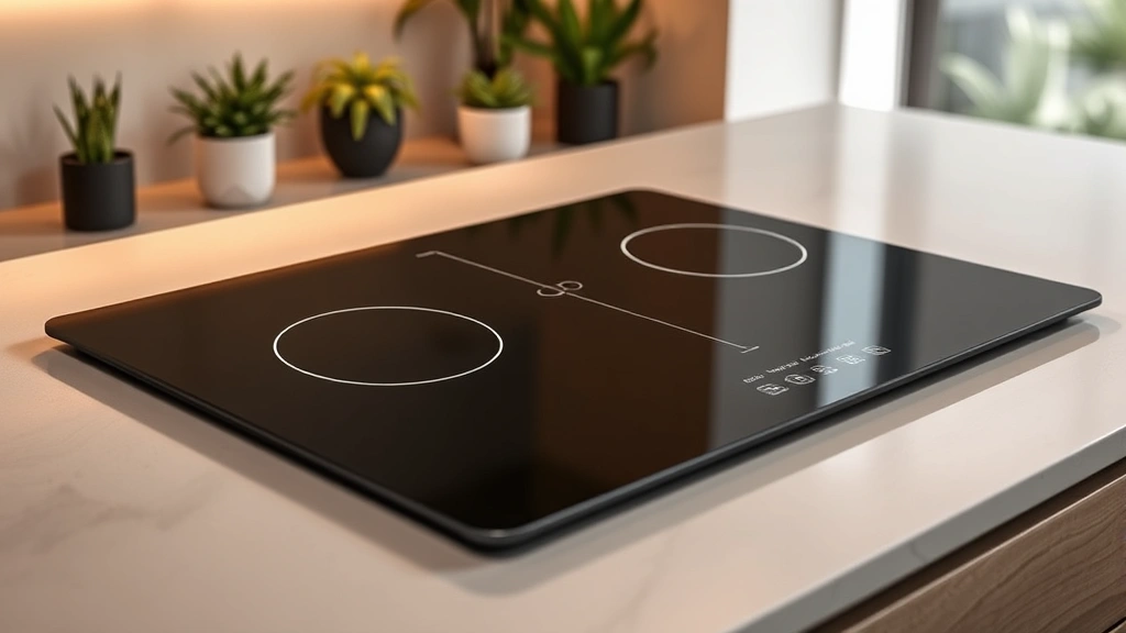 Modern induction cooktop with sleek design, warm lighting reflecting off dark surface, minimalist kitchen background with plants, no text or labels visible, photorealistic