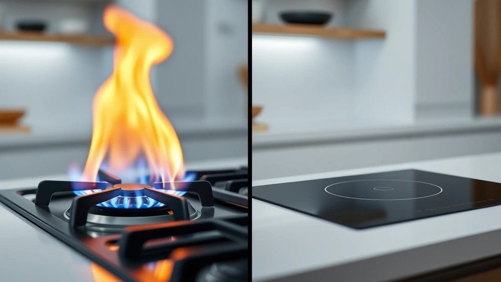 Comparison scene split showing gas burner flame on left, induction cooktop glowing on right, professional kitchen setting, clean minimalist aesthetic, no text overlays or labels