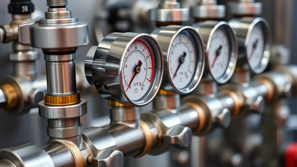 Close-up of precision stainless steel gas manifold with multiple pressure gauges and valves showing industrial manufacturing quality and metallic detail