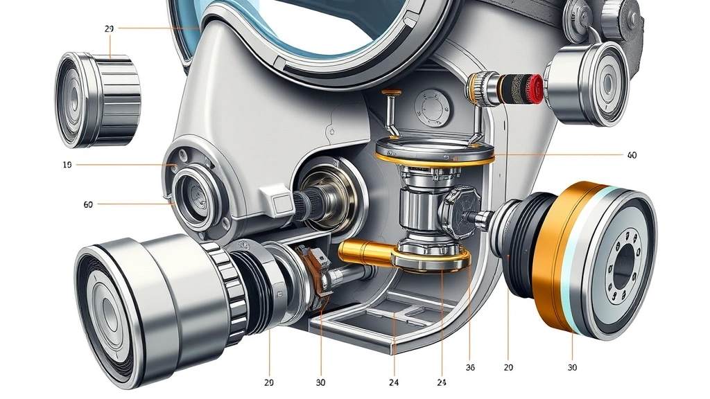 Detailed cross-section technical illustration of gas mask components including facepiece, viewport, exhalation valve, and filter cartridges in exploded view, showing material textures and mechanical precision