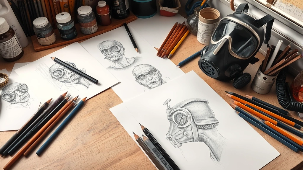 Artist's workspace with gas mask reference models, sketches, graphite pencils, blending stumps, and detailed drawing in progress on quality paper with natural lighting