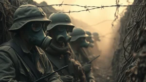 Soldiers in military uniforms wearing early canvas and rubber gas masks in a WWI trench, misty morning light filtering through barbed wire, realistic weathered equipment