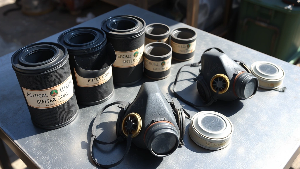 Vintage activated charcoal filter canisters and rubber facepieces of Small Box Respirator masks laid out for inspection, natural lighting on metal table, historical equipment detail