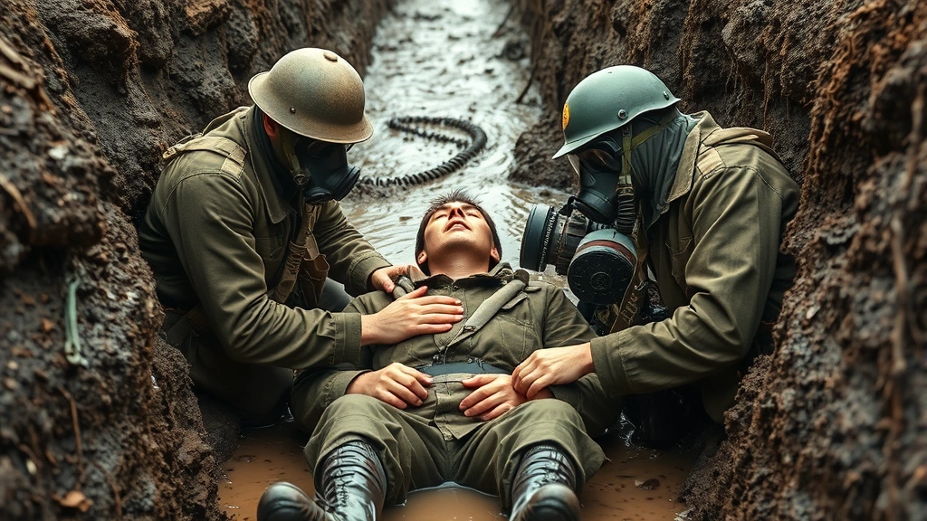 Field medics treating soldier with respiratory distress in muddy WWI trench, wearing protective equipment and gas masks, authentic historical military scene with earth tones