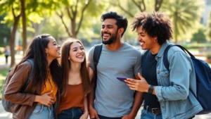 Young diverse group of friends laughing together outdoors in urban park setting, genuine positive interaction and celebration, natural sunlight, candid moment of community support and encouragement