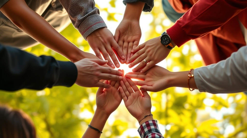 Close-up of hands forming a supportive circle or unity gesture, multiple people of different ethnicities joining together, warm natural lighting emphasizing connection and collaboration