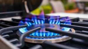 Close-up of stainless steel gas grill burner with blue flames, showing efficient combustion and modern design, outdoor patio setting with blurred garden background