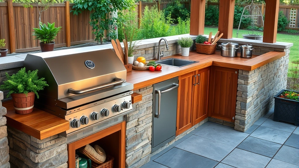 Professional outdoor kitchen setup featuring gas grill integrated with wooden counter surfaces, fresh seasonal ingredients arranged nearby, natural wood and stone materials in earthy tones