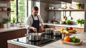 Professional chef working at modern induction cooktop in contemporary kitchen with natural light, stainless steel cookware, fresh ingredients visible, sustainable design elements