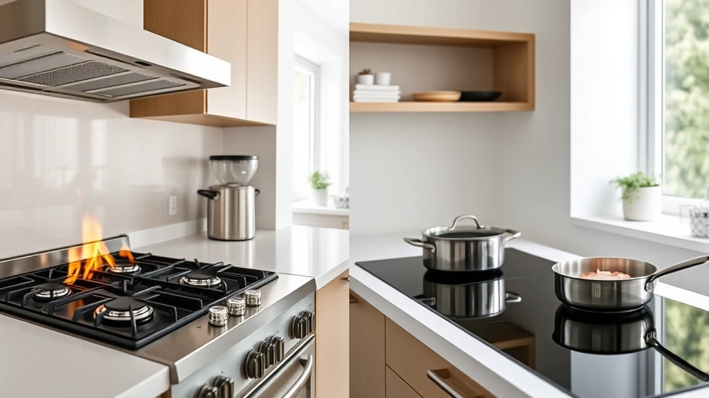 Side-by-side comparison kitchen showing gas stove with flame on left and induction cooktop with cookware on right, modern residential setting, bright natural lighting