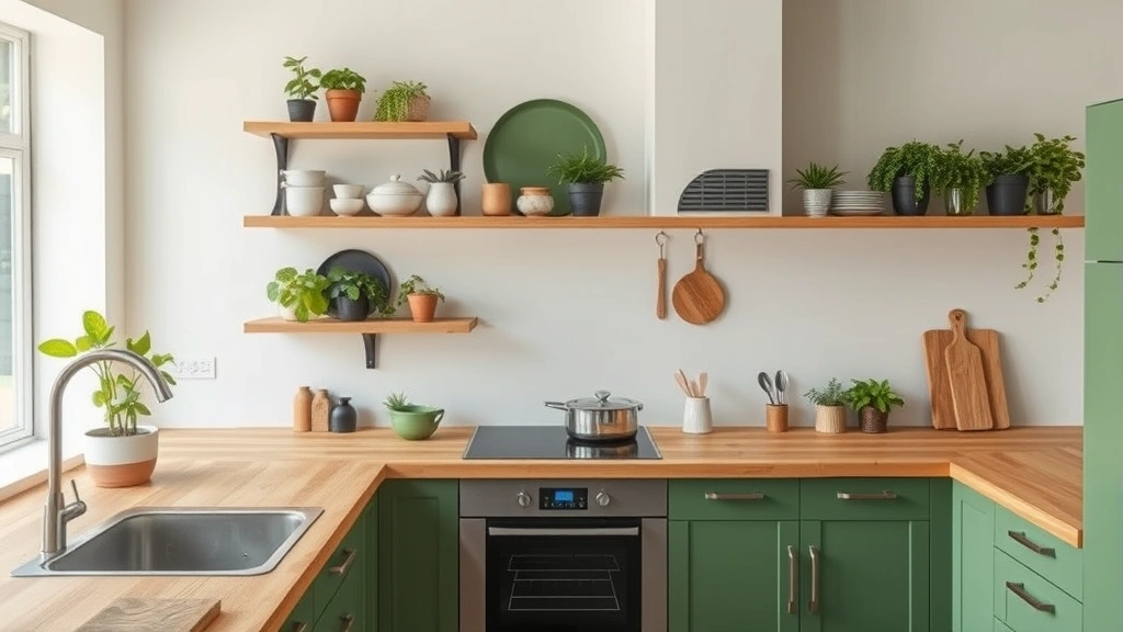 Eco-friendly kitchen featuring combination of electric cooking equipment, open shelving with sustainable cookware, green plants, wooden countertops, minimalist design aesthetic
