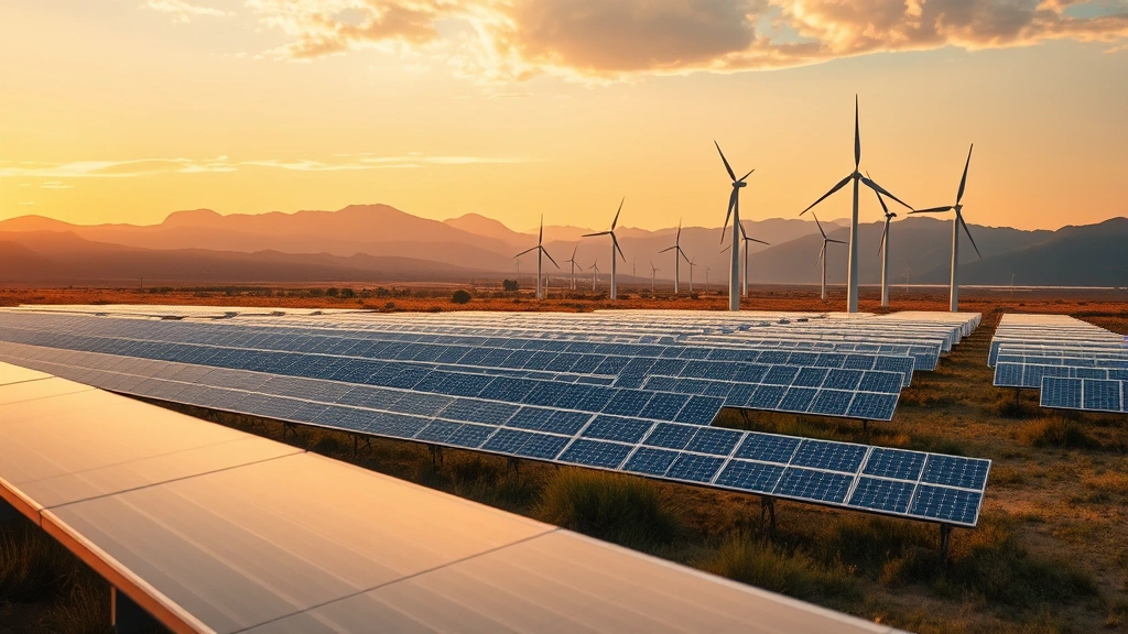 Renewable energy solar panels and wind turbines in landscape, representing clean electricity generation for electric appliances, golden hour lighting, expansive view showing sustainable power infrastructure