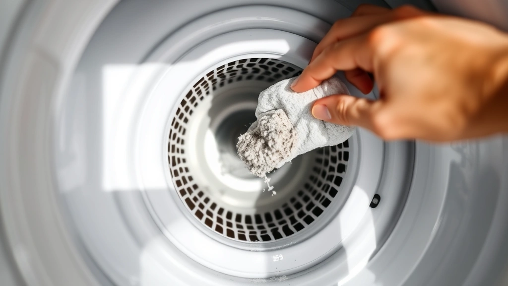 Close-up of lint trap and dryer vent cleaning, hands removing lint buildup, emphasis on maintenance and appliance care, natural lighting, shows proper appliance upkeep for efficiency