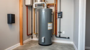 Modern residential water heater installation in utility room, showing tank connection to plumbing pipes and electrical wiring, clean concrete floor, professional setup
