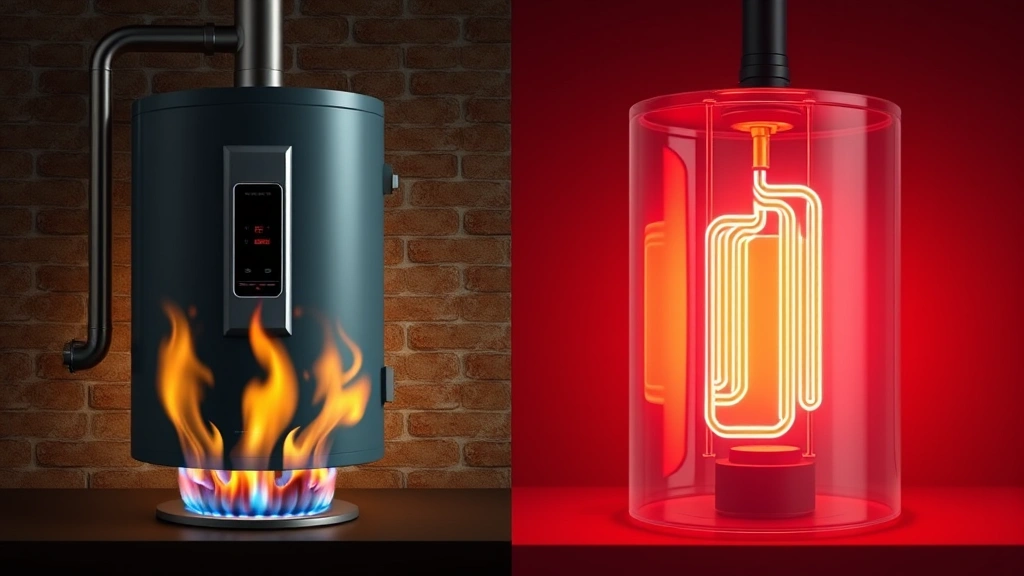 Comparison split-screen showing gas water heater burner flames beneath tank on left side and electric heating element glowing inside tank on right side, technical cutaway view
