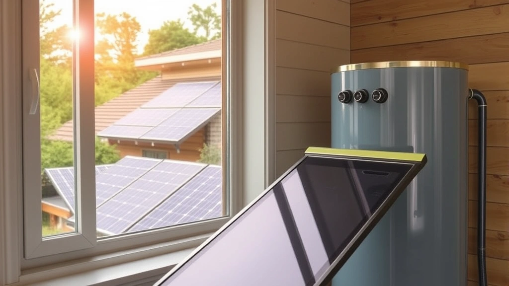 Eco-friendly sustainable home water heating system with solar panels visible through window, modern insulated tank, green energy setup, renewable energy integration