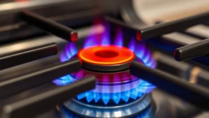 Close-up of a glowing red hot surface igniter element in a gas oven, with blue flames igniting beneath it, showing efficient combustion in a modern kitchen appliance