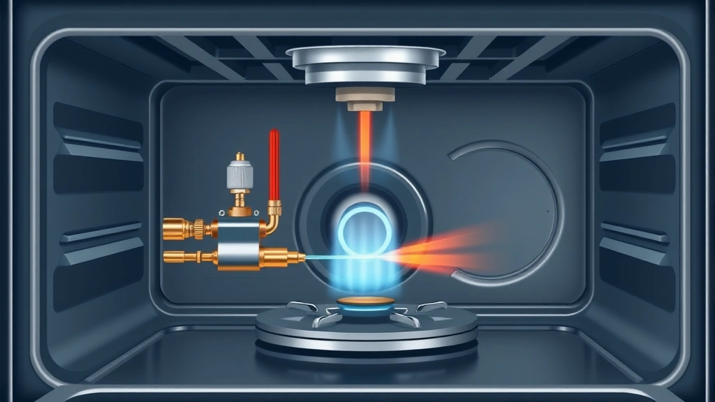 Cross-section diagram illustration showing the internal components of a gas oven igniter system with heating element, gas valve, and ignition pathway in an eco-conscious home