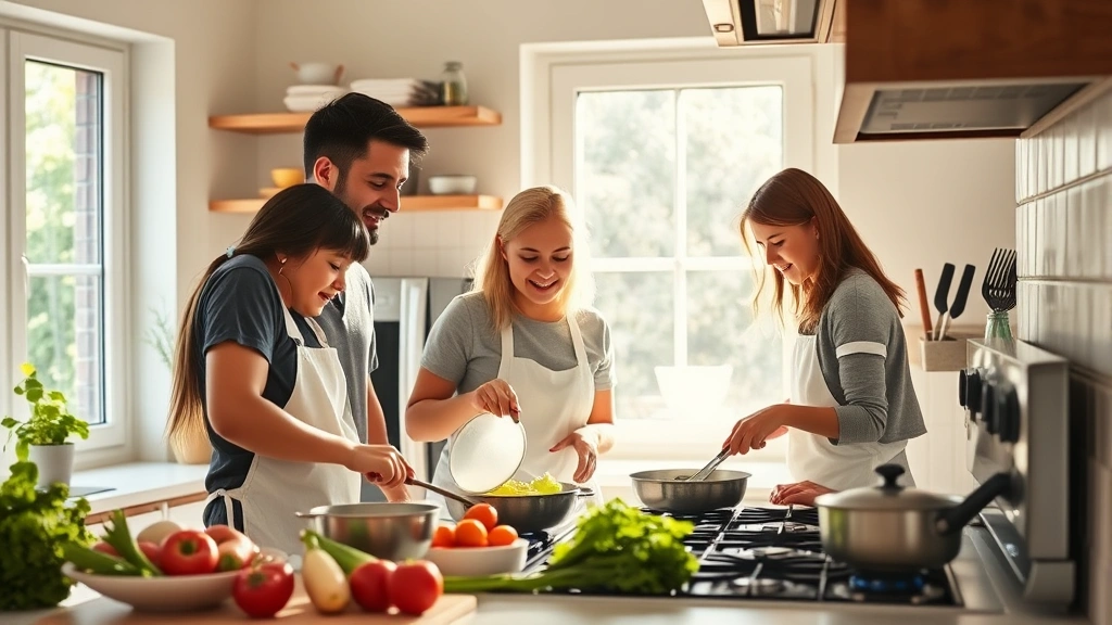 Family cooking together in a kitchen with an efficient modern gas oven, natural light streaming through windows, sustainable home cooking scene with fresh ingredients visible
