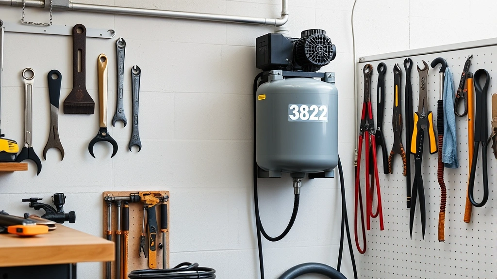 Professional workshop with electric air compressor mounted on wall, tools hanging nearby, clean industrial space with natural lighting, no visible text or labels on equipment