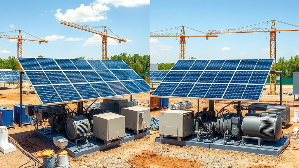 Side-by-side comparison visualization showing solar panels powering industrial equipment in outdoor construction site, renewable energy infrastructure, sustainable technology in action, bright daylight