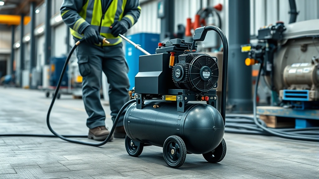 Modern battery-powered portable compressor in use on clean job site, worker using pneumatic tools, professional environment, environmental responsibility in industrial work, no text on equipment