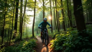 Mountain biker riding electric dirt bike on forest trail, lush green trees surrounding narrow single-track path, morning sunlight filtering through canopy, peaceful natural environment