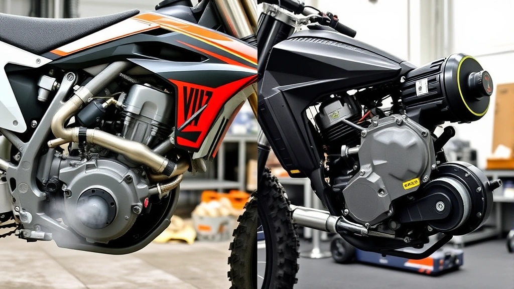 Side-by-side comparison showing gas-powered dirt bike engine with visible emissions and electric motor components, highlighting mechanical differences and cleaner technology, industrial workshop setting