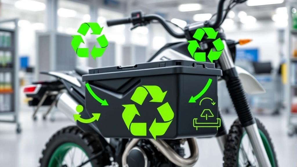 Lithium-ion battery pack for electric dirt bike displayed with recycling symbols and sustainability icons, clean modern laboratory or manufacturing facility background, emphasizing circular economy and material recovery