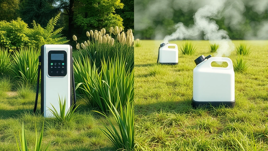 Side-by-side comparison scene: left side showing green grass and plants with electric charging station, right side showing grass with gasoline container and fuel fumes, environmental contrast, photorealistic, no text