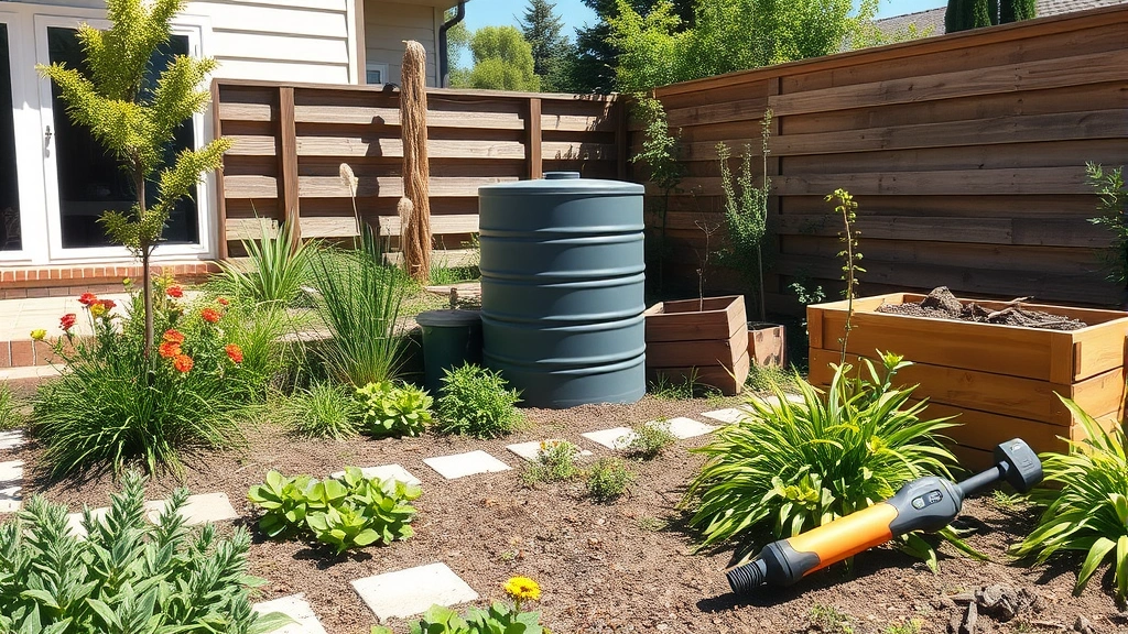 Modern residential garden with sustainable practices: rainwater collection barrel, native plants, composting area, electric yard tools resting nearby, sunny day, photorealistic, eco-friendly aesthetic