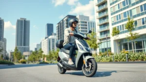 Urban commuter riding sleek electric scooter on clean city street with modern buildings, blue sky, and green vegetation in background, photorealistic, daytime lighting, no visible text or labels