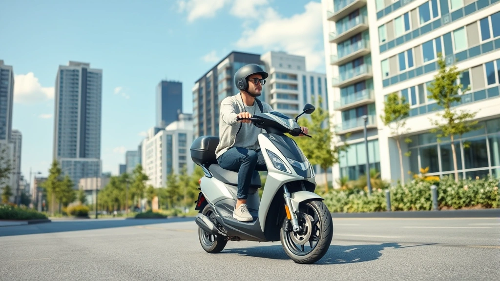 Urban commuter riding sleek electric scooter on clean city street with modern buildings, blue sky, and green vegetation in background, photorealistic, daytime lighting, no visible text or labels