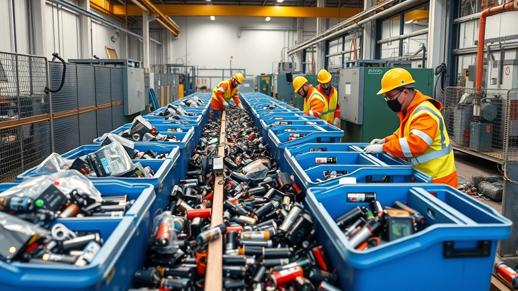 Recycling facility with battery components being sorted and processed, workers in protective gear handling materials responsibly, industrial sustainability setting, photorealistic, no text visible on equipment